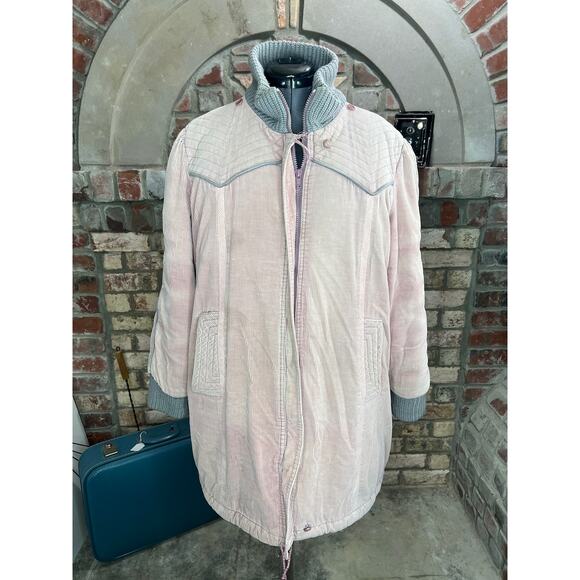 coat corduroy pink gray 1980s long quilted shoulders - Picture 1 of 13